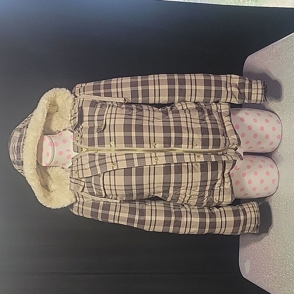 Y2k Vintage Juicy Couture Feather Down Jacket Tan Plaid Winter Jacket SZ:S